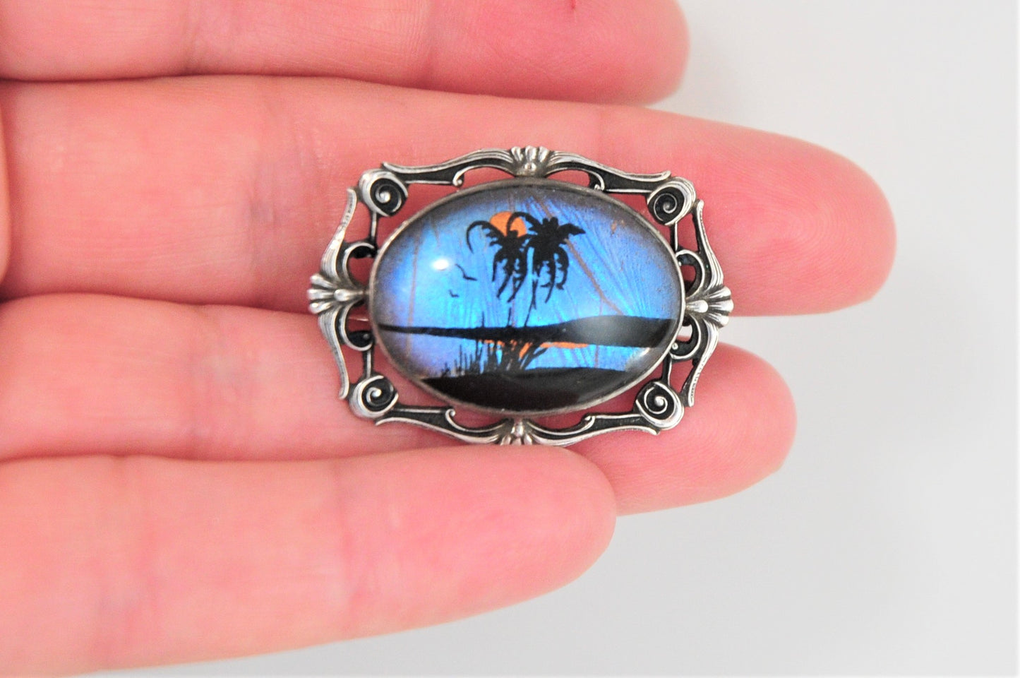 Vintage Hoffman Sterling Silver Butterfly Wing Palm Tree Paradise Brooch