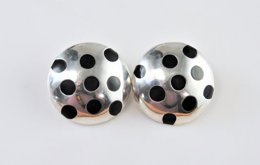 Large and Chunky Taxco 925 Round Enamel Polka Dot Clip-On Earrings