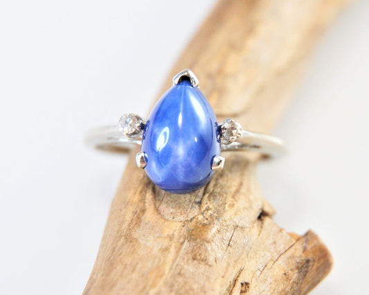 10K White Gold Blue Star Sapphire Ring with Diamond Accents