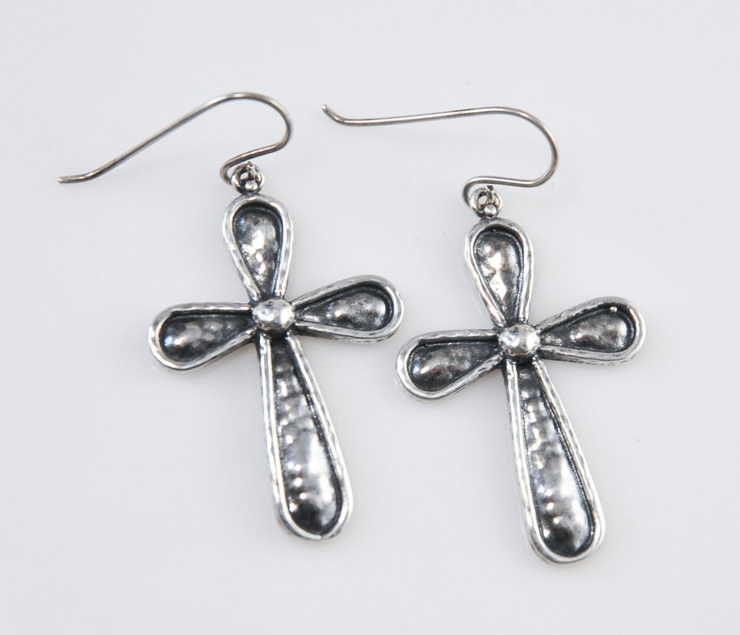 Signed Sterling Silver Hammered Cross Earrings