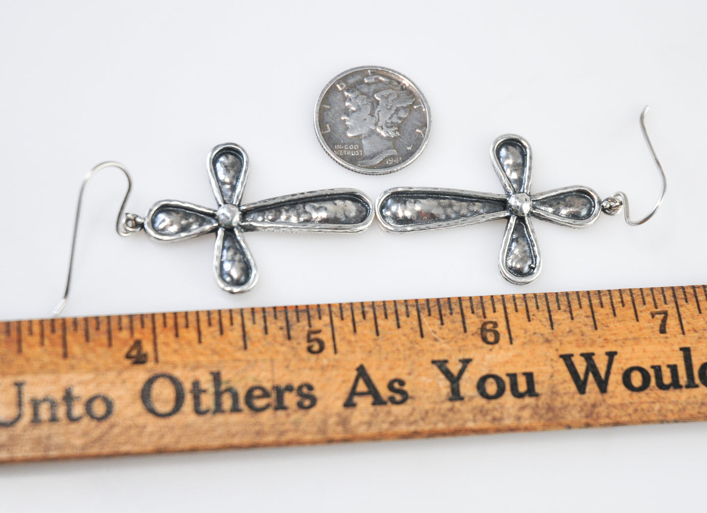 Signed Sterling Silver Hammered Cross Earrings