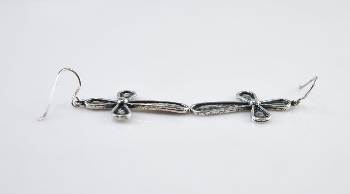 Signed Sterling Silver Hammered Cross Earrings