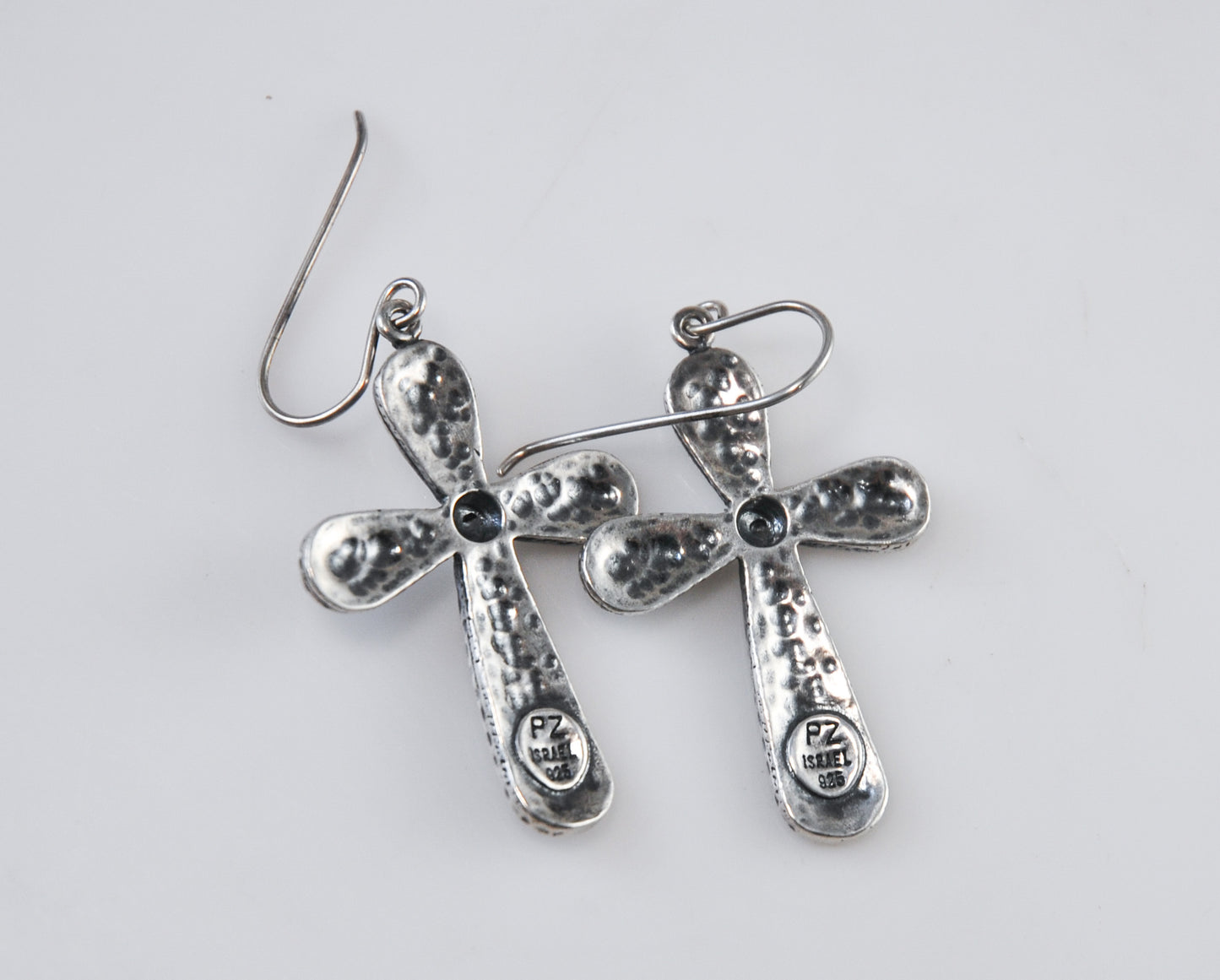 Signed Sterling Silver Hammered Cross Earrings