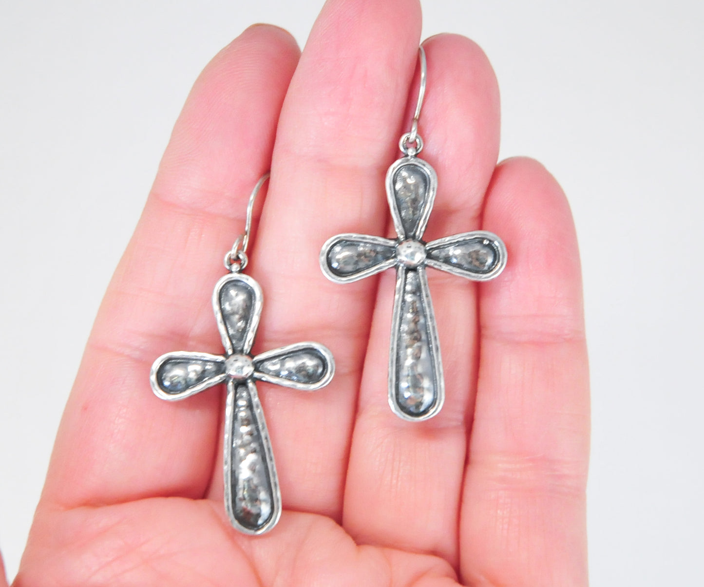 Signed Sterling Silver Hammered Cross Earrings