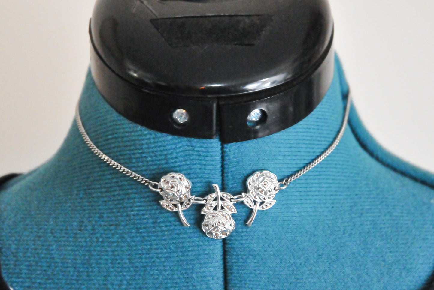 Vintage Sterling Silver Marcasite Rose Bib Necklace