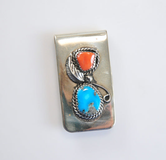 Native American Sterling Silver and Nickel Silver Turquoise Coral Money Clip