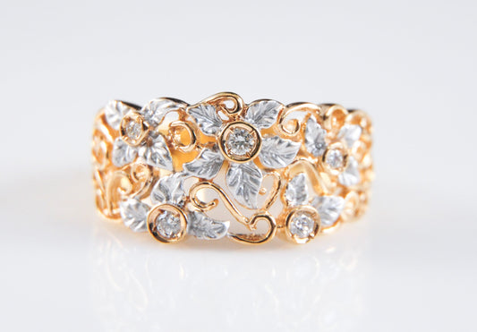 Vintage Franklin Mint 14K Gold Diamond Floral Band Ring