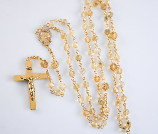 14K Gold Citrine Bead Rosary Necklace