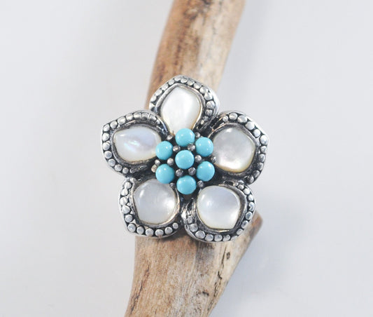 Designer Thailand 925 Sterling Silver Mother of Pearl Turquoise Flower Ring