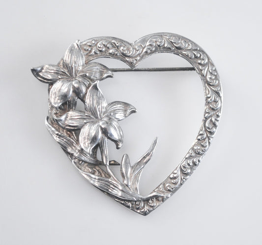 Vintage Sterling Silver Heart and Flower Brooch