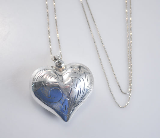 Large Sterling Silver Etched Puffed Heart Pendant Necklace