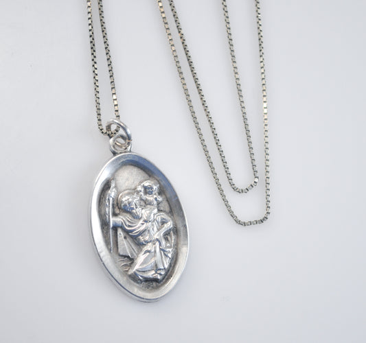 Vintage Sterling Silver Saint Christopher Medal Pendant Necklace