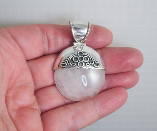 As is - Sterling Silver Round Filagree Rose Quartz Pendant