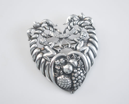 Cini Sterling Silver Zodiac Gemini Heart Brooch
