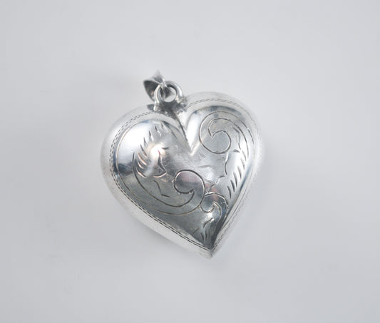 Large Sterling Silver Etched Puffed Heart Pendant