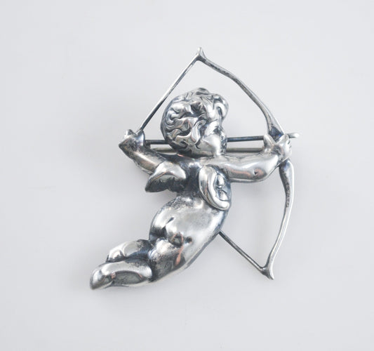 Vintage Cupid with Bow and Arrow Brooch Sterling Silver