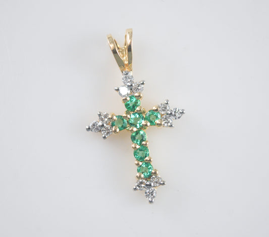 SMALL 14K Gold Emerald and Diamond Cross Pendant