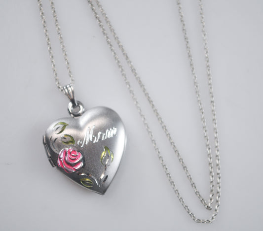Vintage Sterling Silver Floral Mom Heart Locket Necklace