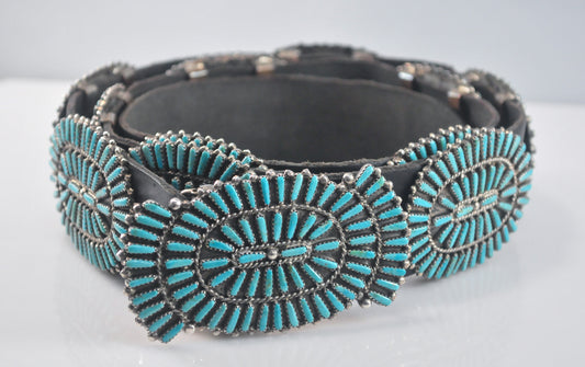 Vintage Signed Native American Sterling Silver Turquoise Concho Belt