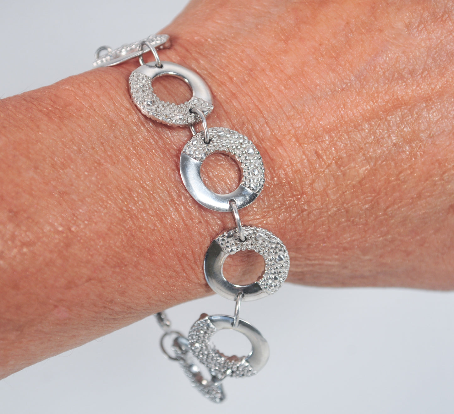 Modernist Sterling Silver Pebbled Circle Bracelet