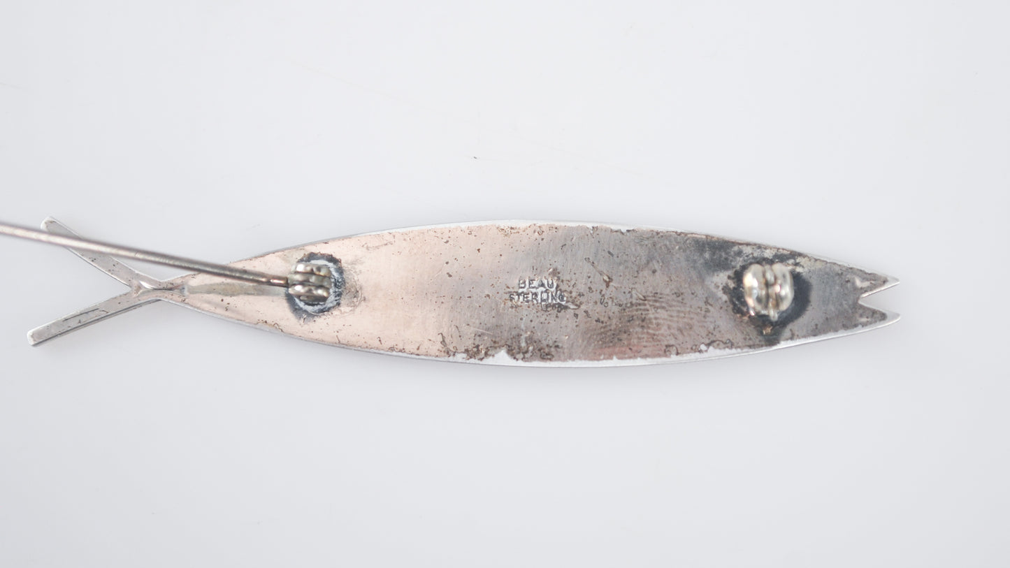 Vintage Beau Sterling Silver Ichthys Fish Brooch