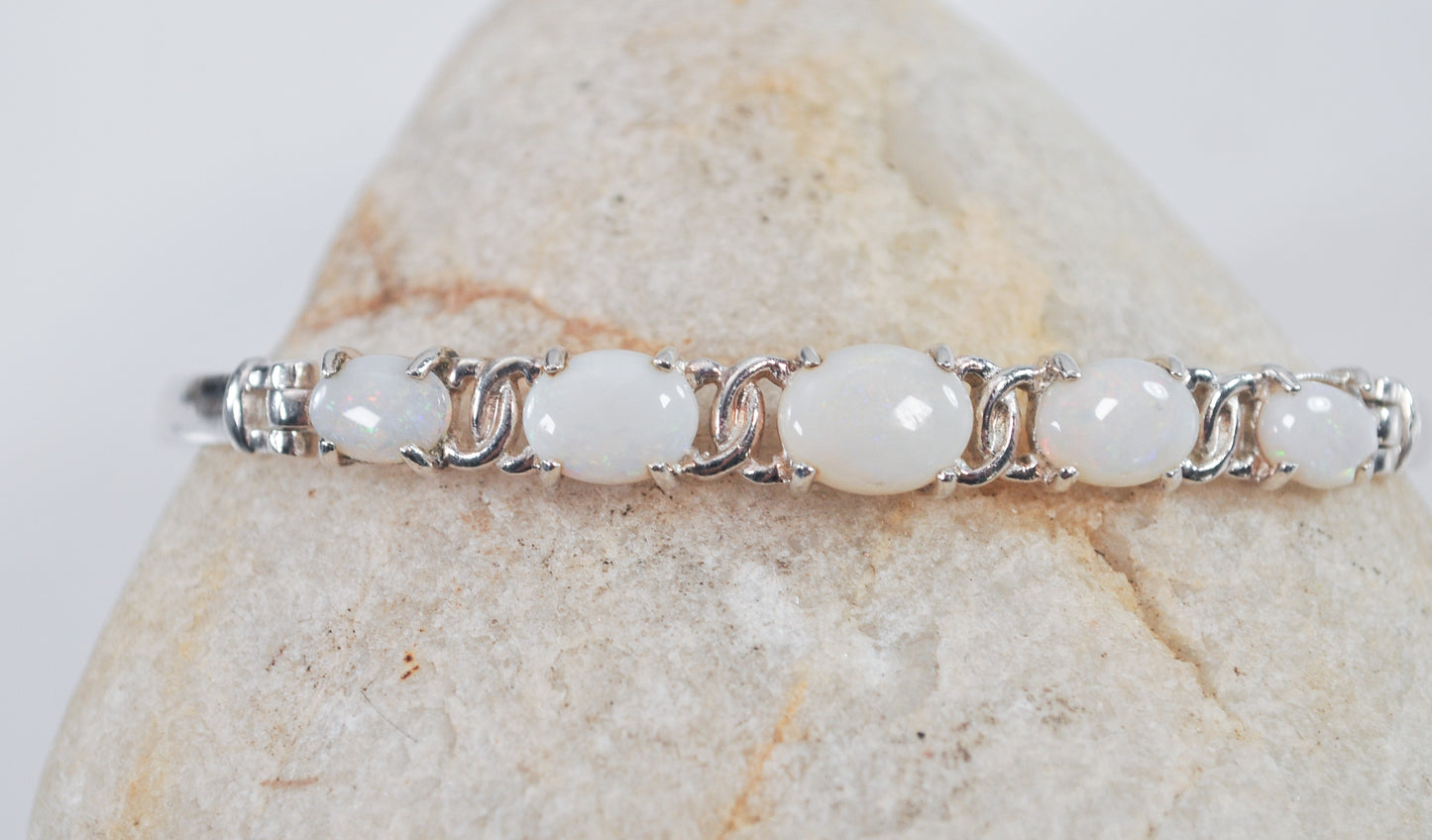 Sterling Silver Natural Opal Hook Bangle Bracelet