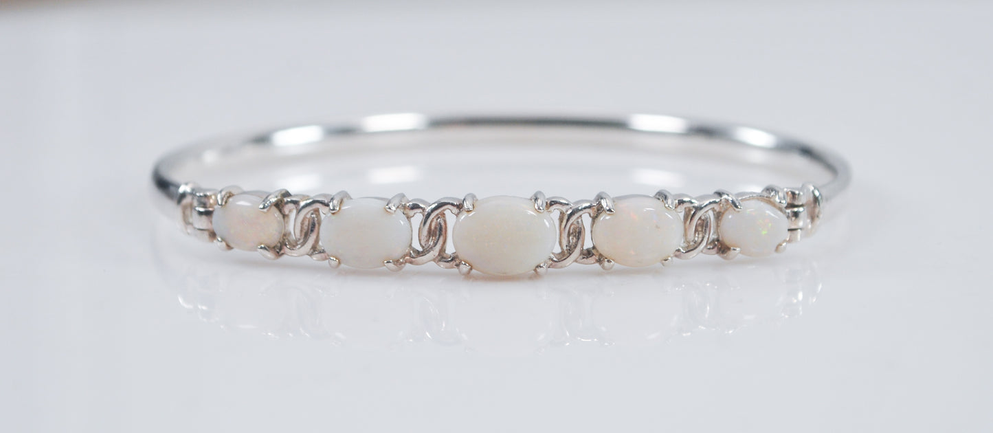 Sterling Silver Natural Opal Hook Bangle Bracelet