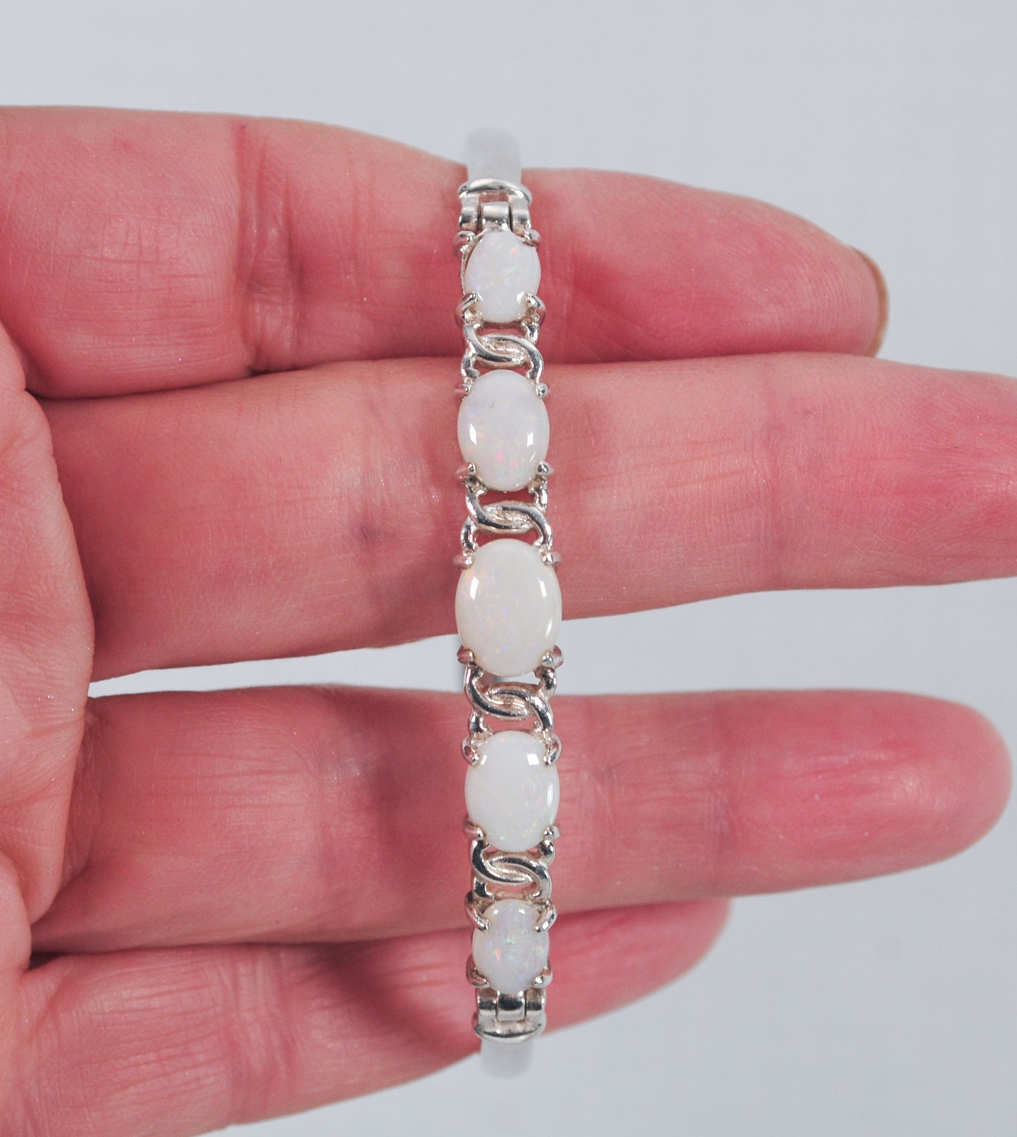 Sterling Silver Natural Opal Hook Bangle Bracelet