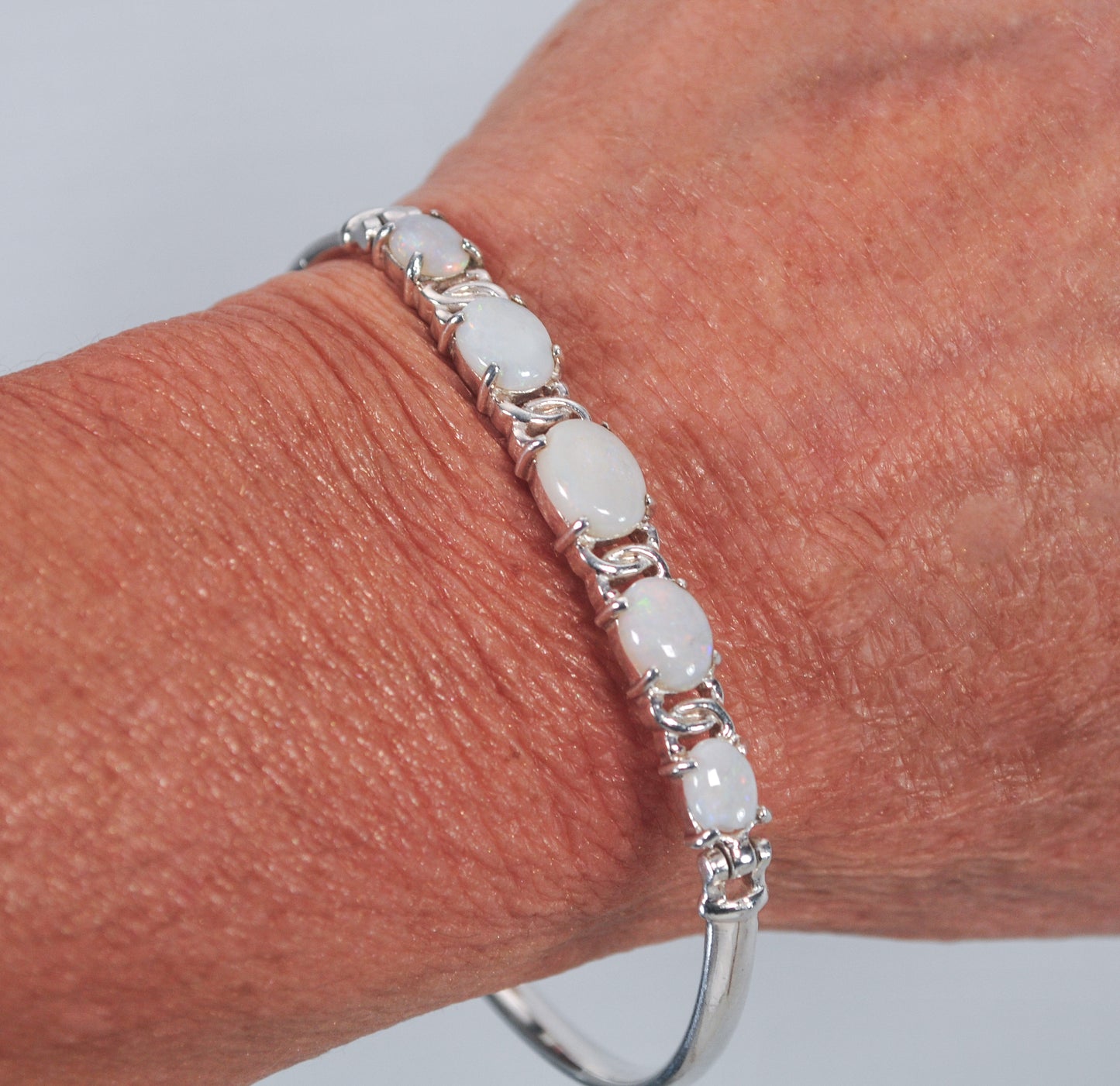 Sterling Silver Natural Opal Hook Bangle Bracelet