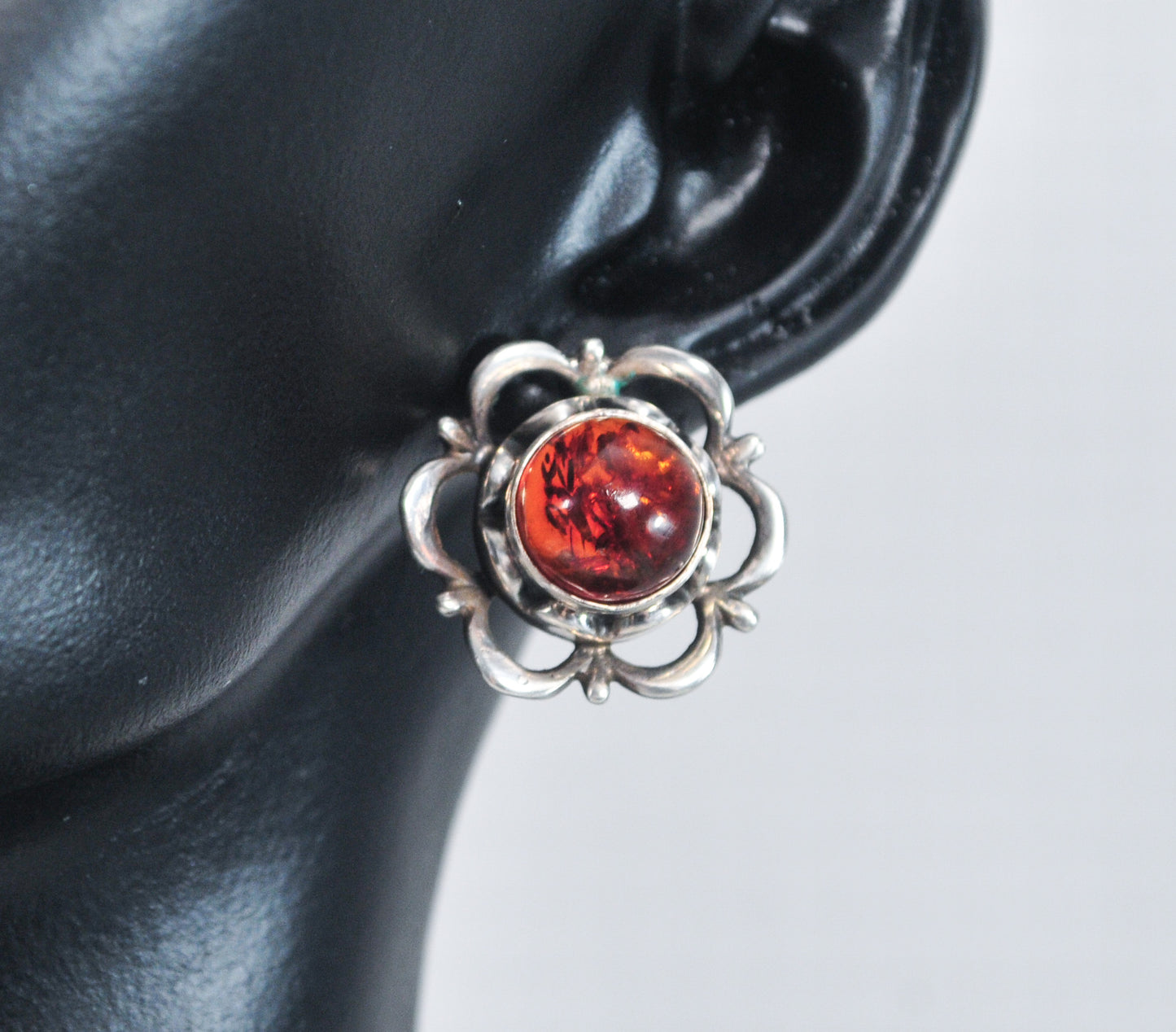 Vintage Signed Sterling Silver Amber Flower Earrings