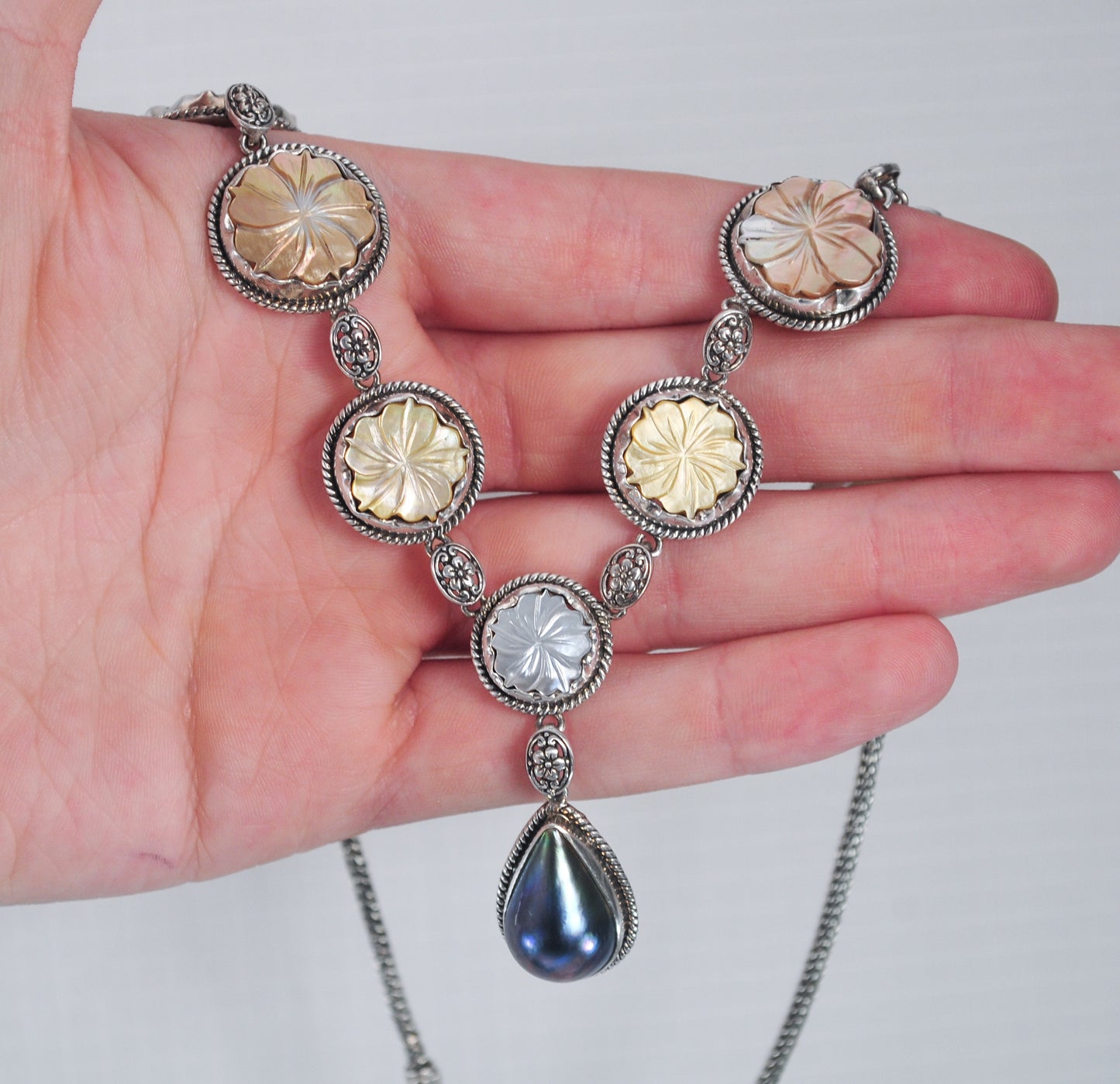 Vintage Sterling Silver Carved Mother of Pearl Flower Bib Necklace