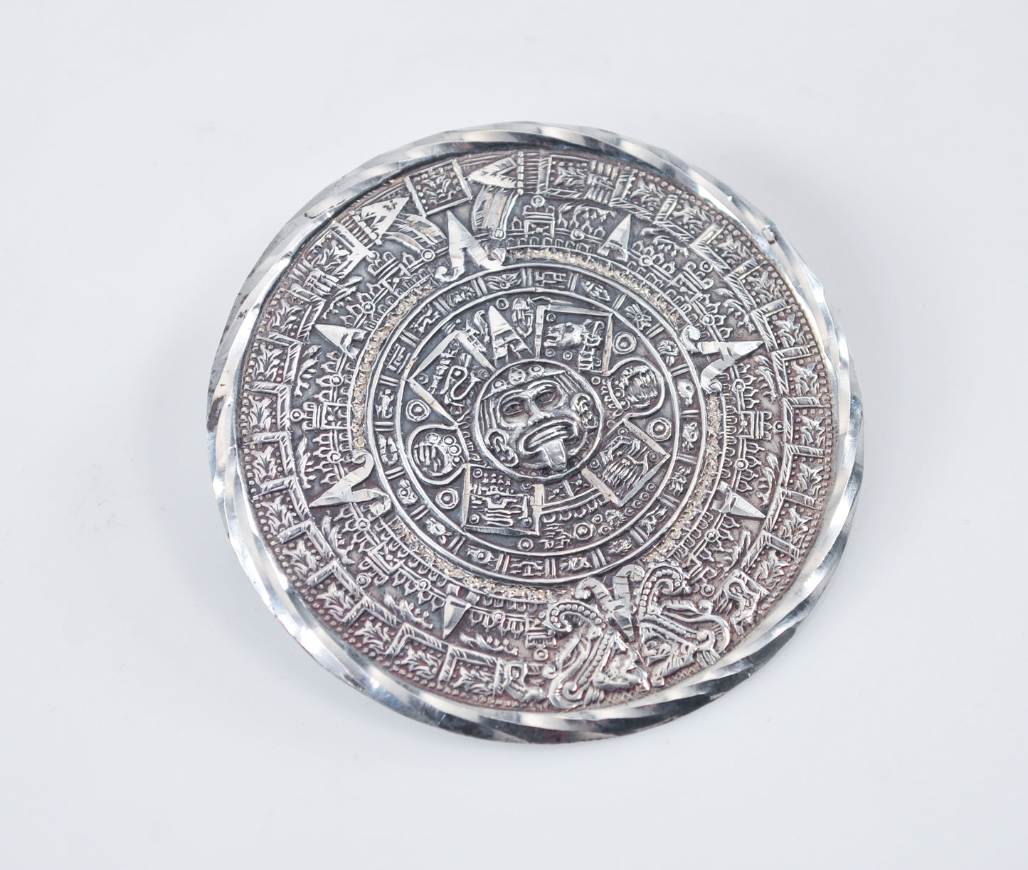 Large Vintage Sterling Silver Mayan Calendar Brooch Pendant