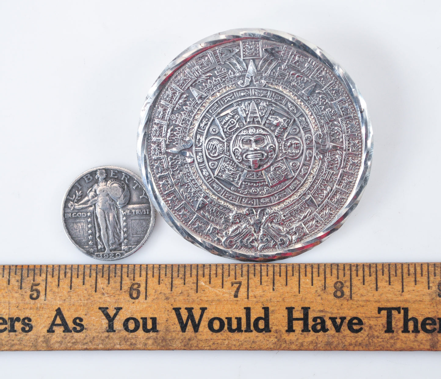 Large Vintage Sterling Silver Mayan Calendar Brooch Pendant