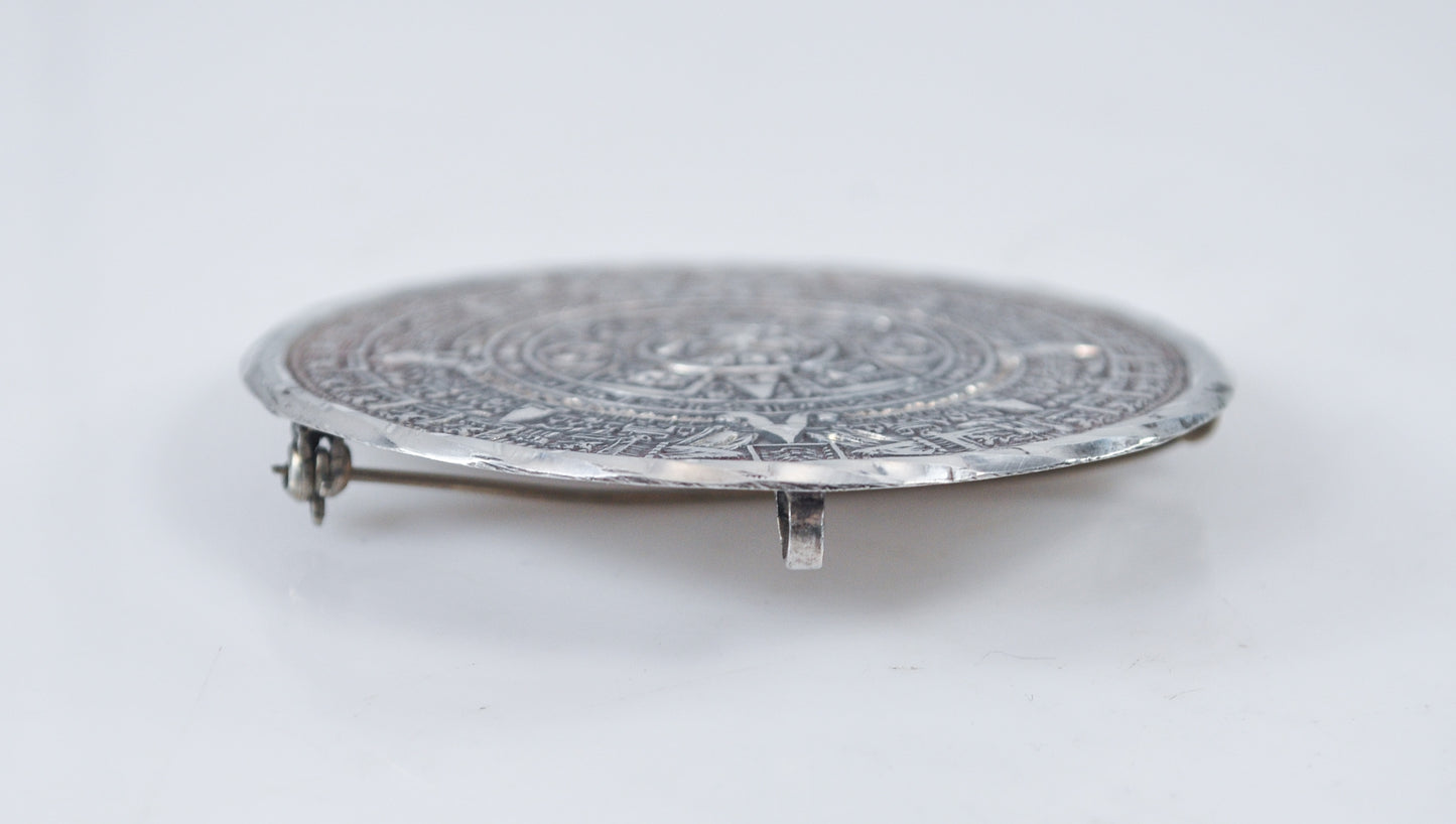 Large Vintage Sterling Silver Mayan Calendar Brooch Pendant
