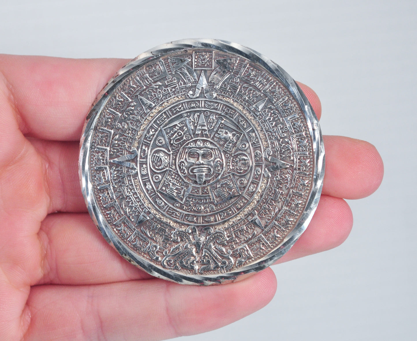 Large Vintage Sterling Silver Mayan Calendar Brooch Pendant