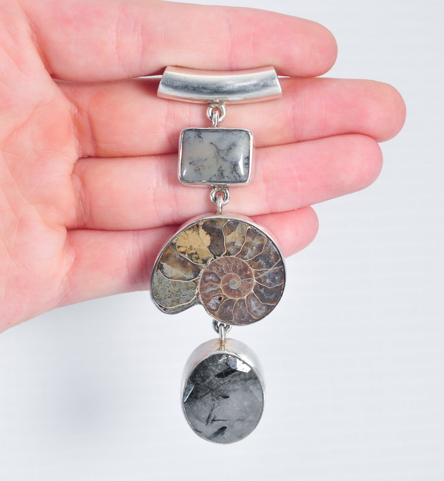 Large Vintage Sterling Silver Fossilized Ammonite Pendant