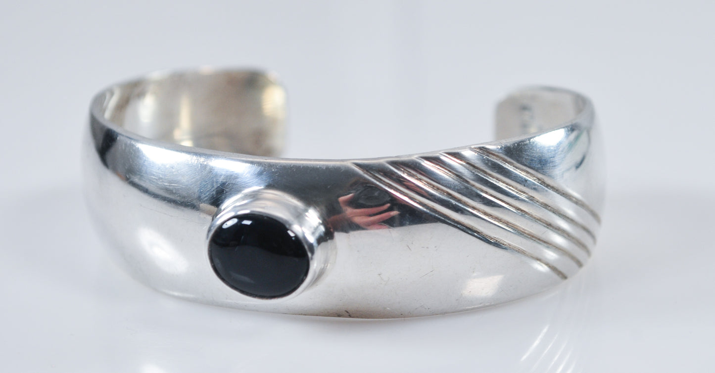 Signed Navajo Sterling Silver Black Onyx Cuff Bracelet