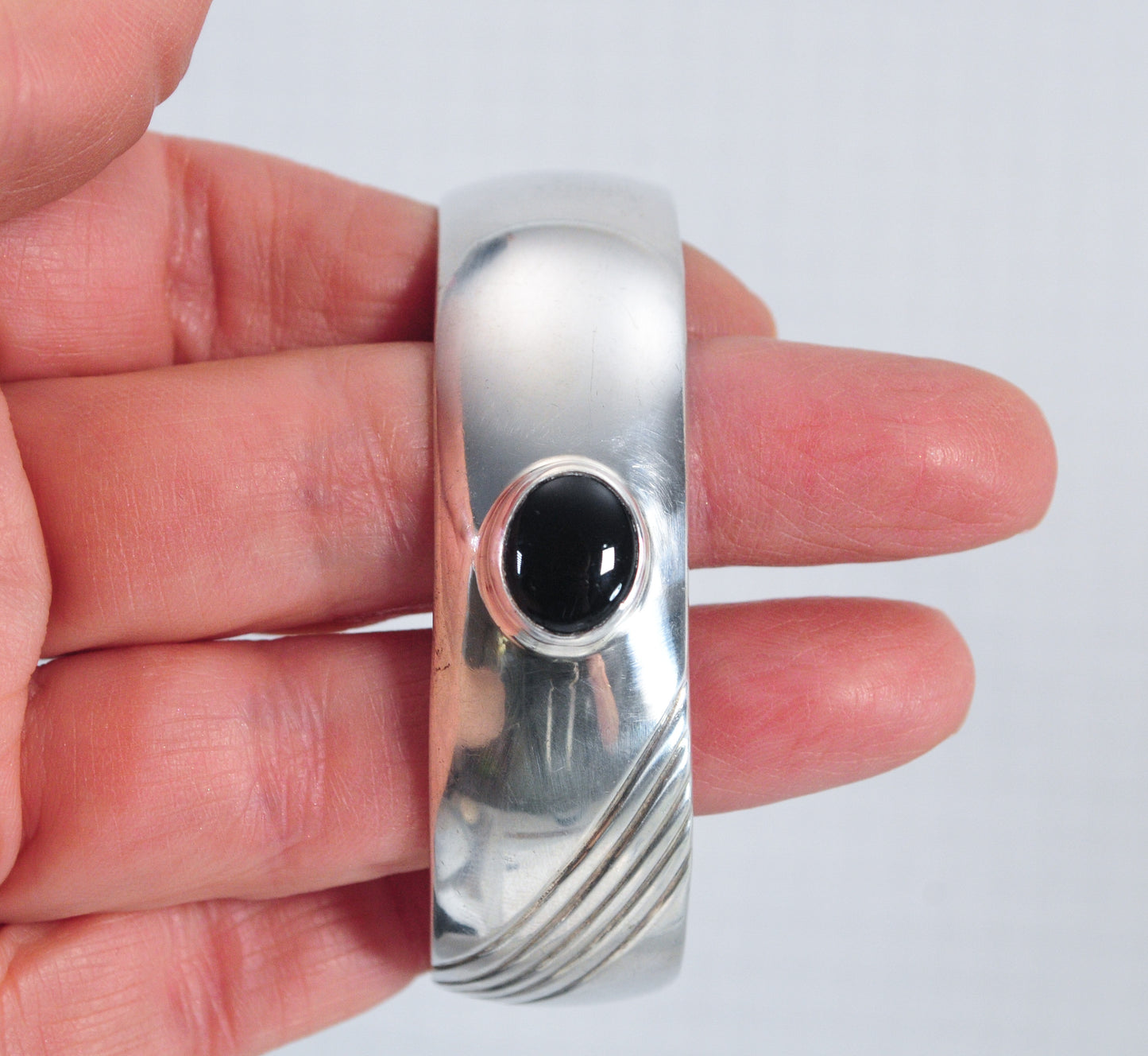 Signed Navajo Sterling Silver Black Onyx Cuff Bracelet