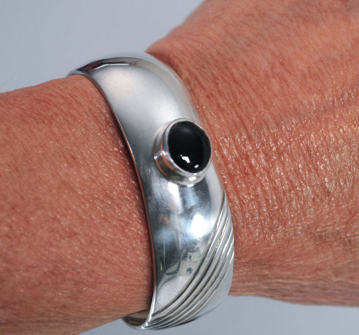 Signed Navajo Sterling Silver Black Onyx Cuff Bracelet