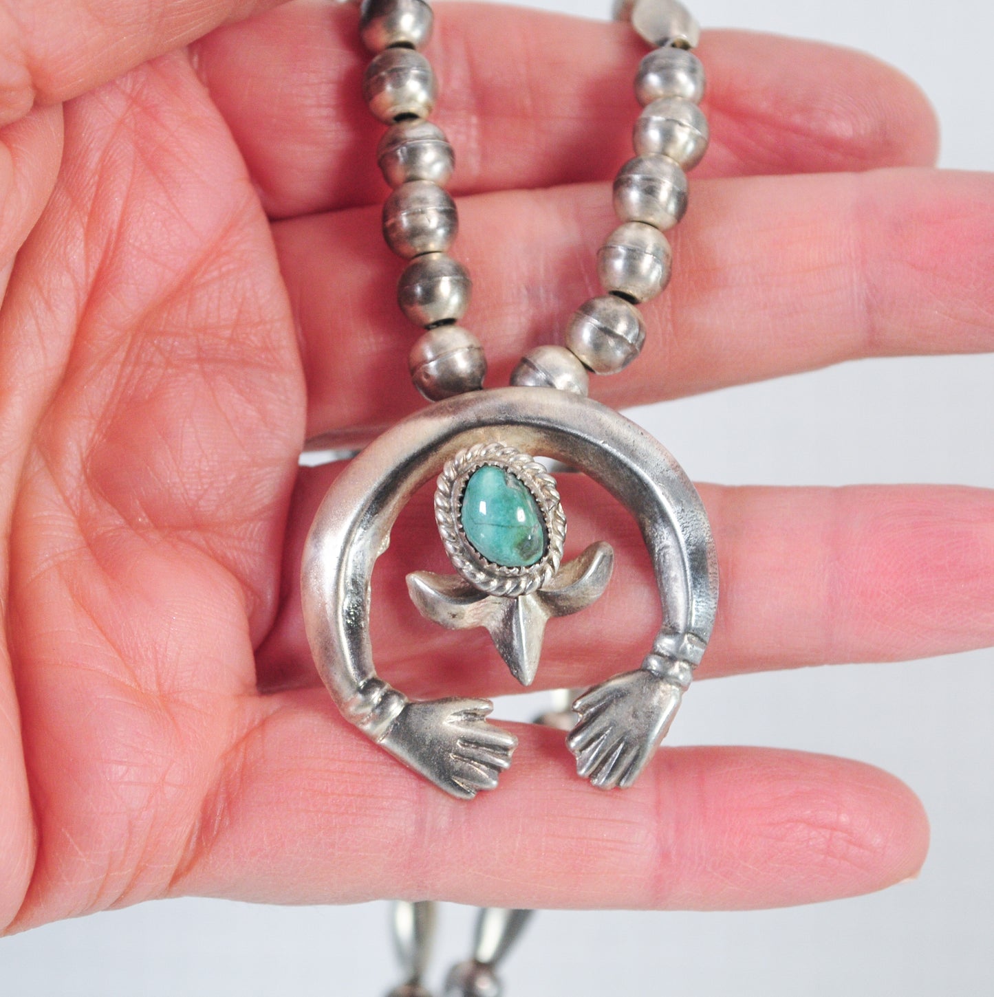 Navajo Sterling Silver Turquoise Naja Pendant with Coin Silver Beaded Necklace