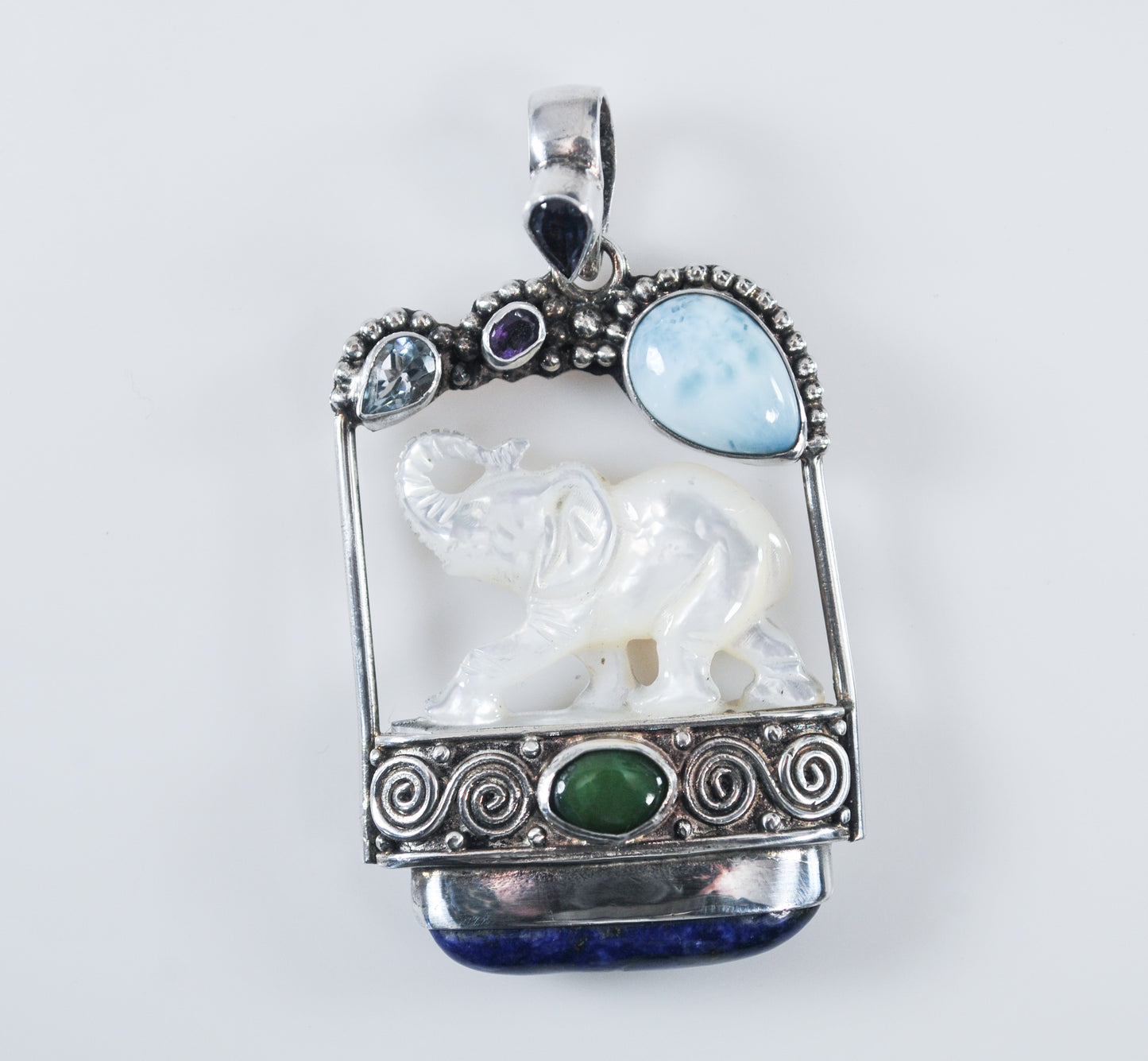 Large Sajen Sterling Silver Carved Mother of Pearl Elephant Pendant