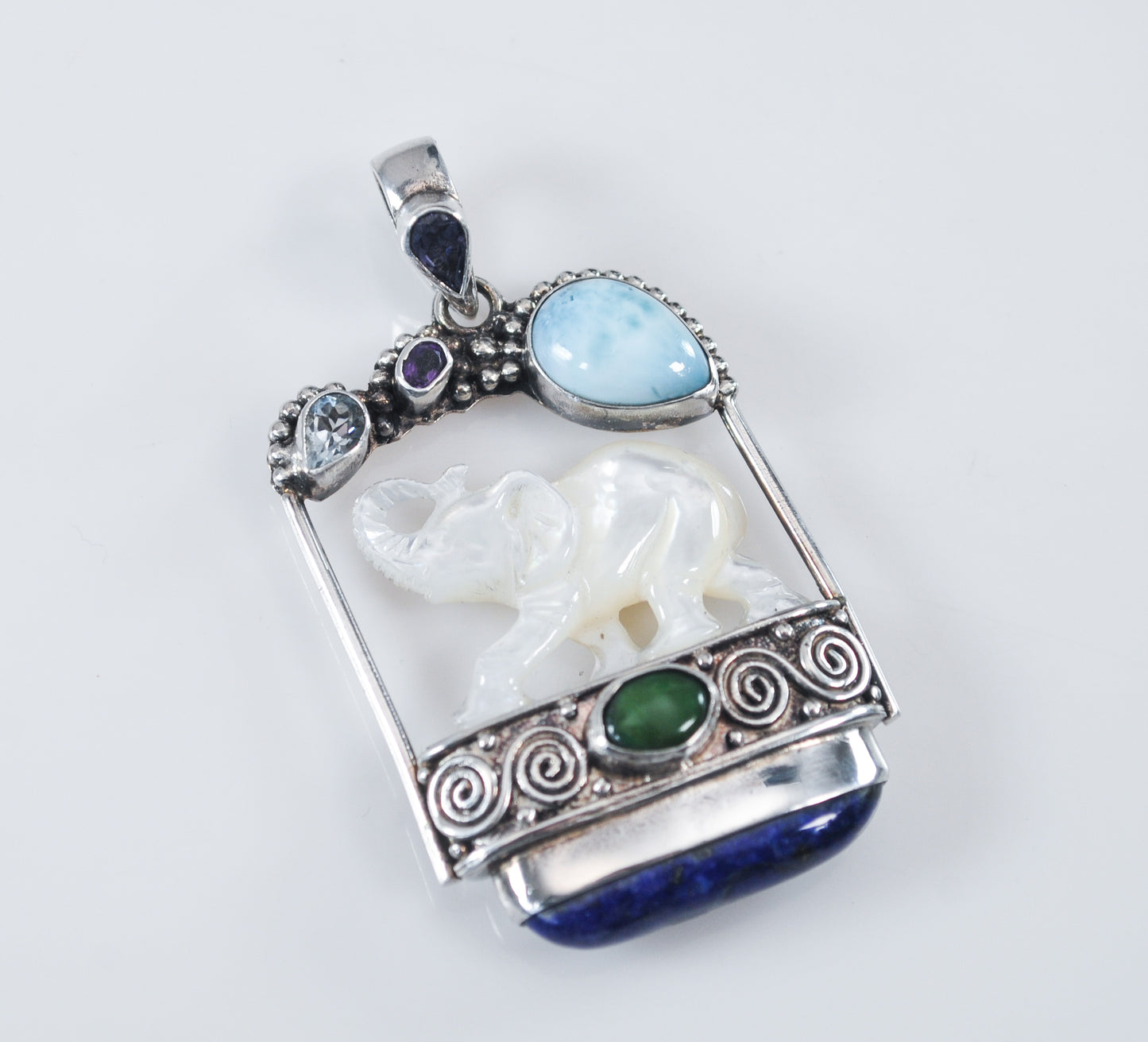 Large Sajen Sterling Silver Carved Mother of Pearl Elephant Pendant