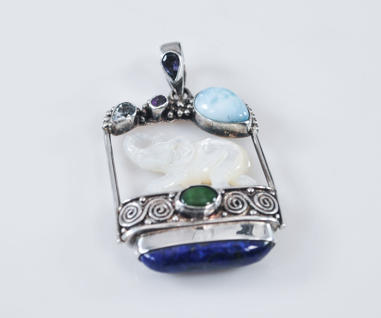 Large Sajen Sterling Silver Carved Mother of Pearl Elephant Pendant
