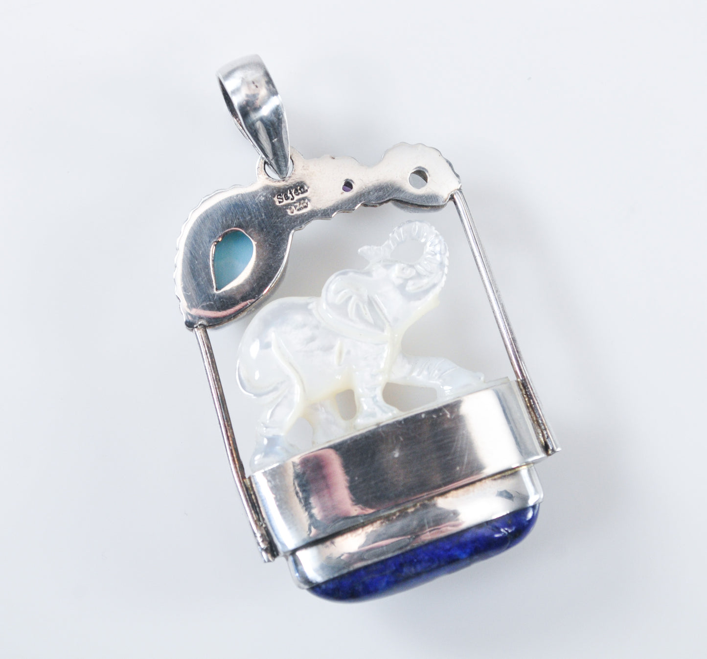 Large Sajen Sterling Silver Carved Mother of Pearl Elephant Pendant