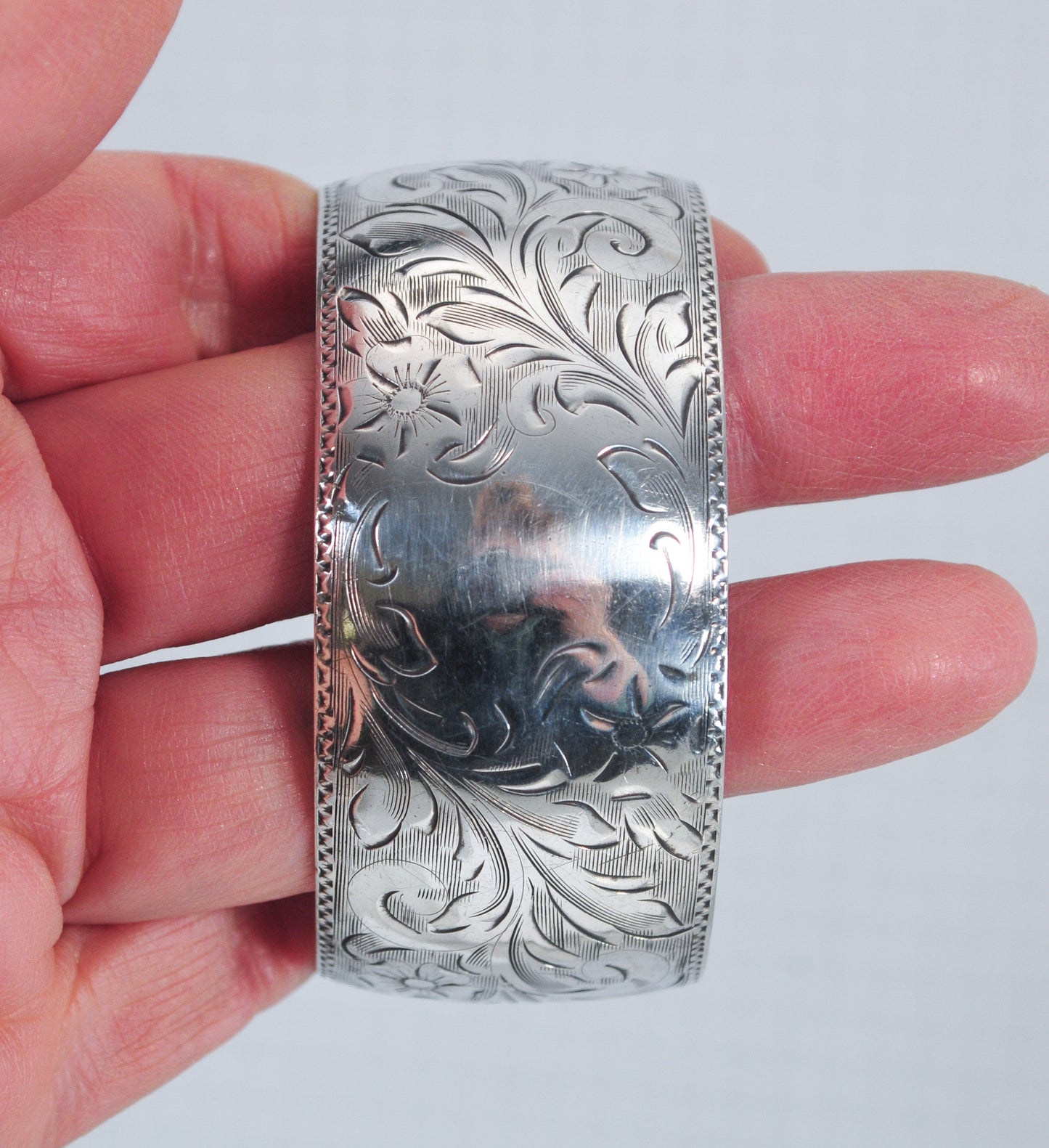 Vintage Wide Sterling Silver Floral Cuff Bracelet