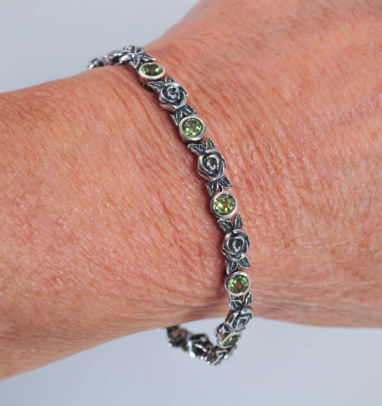 Or PAZ Creations Sterling Silver Peridot Rose Tennis Bracelet