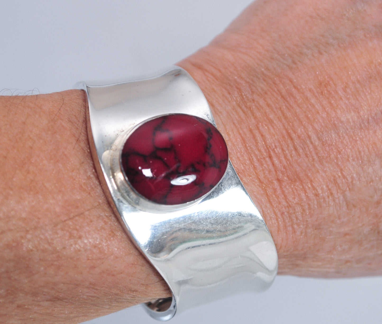 Modernist Sterling Silver Red Jasper Cuff Bracelet