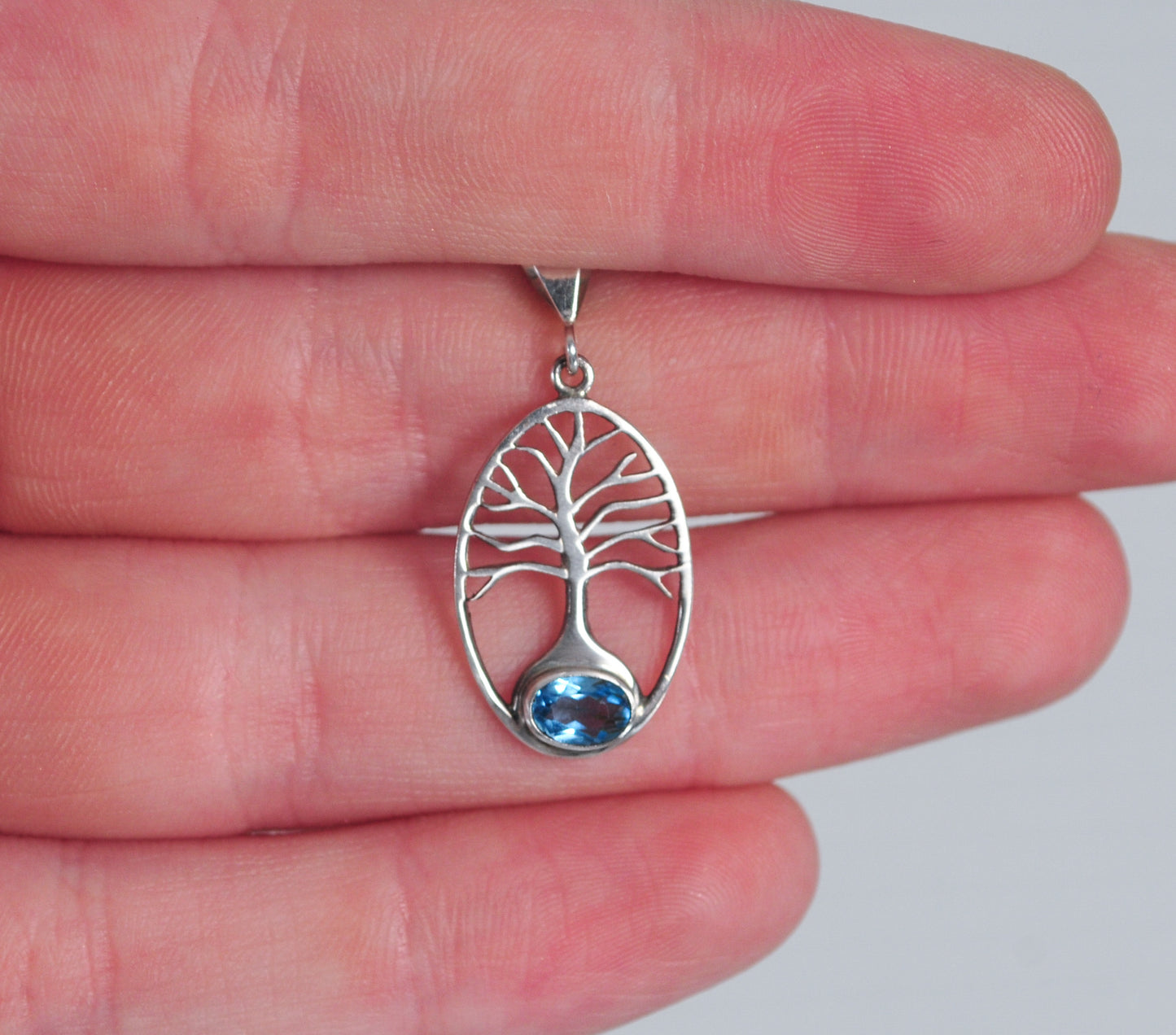 Vintage Sterling Silver Blue Topaz Tree of Life Pendant