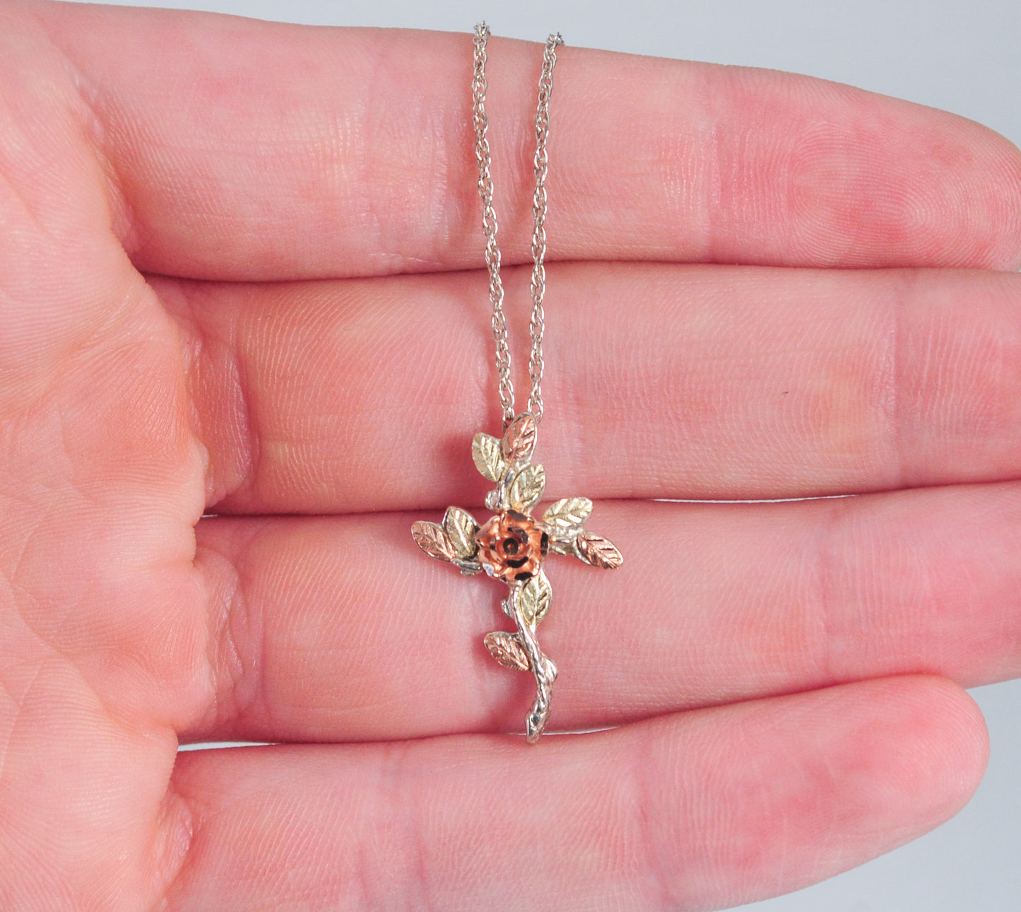 Coleman Black Hills Sterling Silver 12K Gold Rose Leaf Cross Necklace