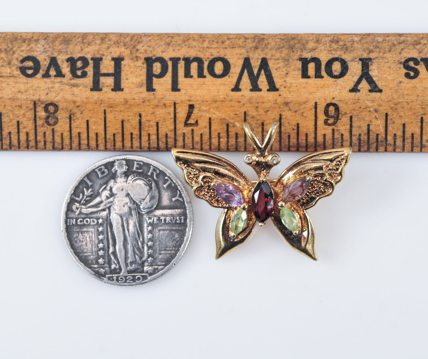 Signed Gold Over Sterling Silver Gemstone Butterfly Pendant Brooch